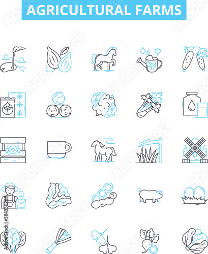 Agricultural farms vector line icons set. Farms, Agriculture, Crops, Cultivation, Plantations, Horticulture, Irrigation illustration outline concept symbols and signs