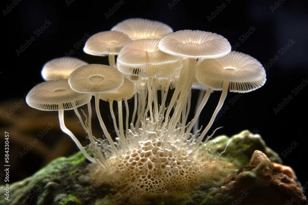 mycelium closeup mushrooms growing tree stump long flowing hair