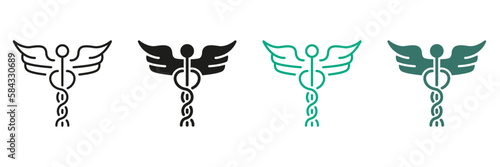 Pharmacy Emblem, Hospital Black and Color Pictogram. Pharmaceutical Healthcare Symbol Collection. Caduceus Sign. Caduceus Greek Insignia Line and Silhouette Icon Set. Isolated Vector Illustration