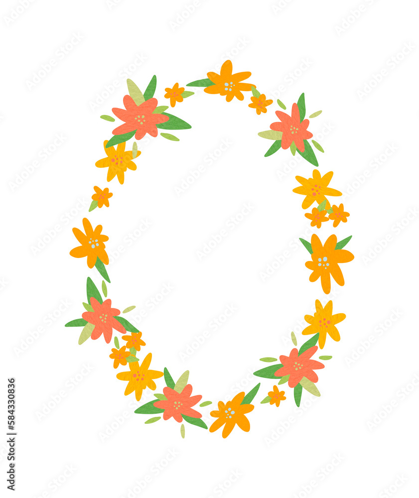 Blue, orange and yellow wildflowers, oval frame for a template. Floral border, summer plant Blue, orange and yellow wildflowers, oval frame for a template. Floral border, summer plant