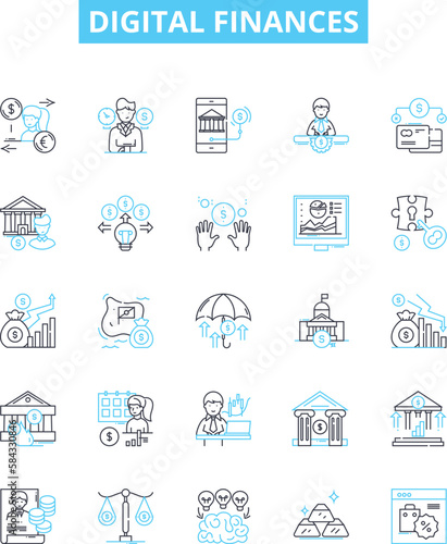 Digital finances vector line icons set. Digital, finances, banking, payments, online, accounts, debit illustration outline concept symbols and signs