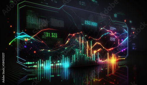 financial exchange background, digital futuristic style, flashing colorful lights, abstract graphs and numbers, ai generation
