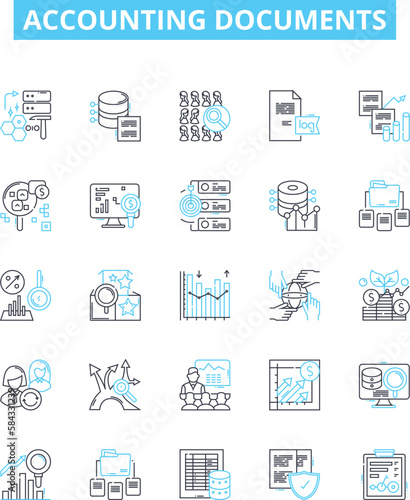 Accounting documents vector line icons set. Accounts, Vouchers, Ledgers, Journals, Invoices, Receipts, Payables illustration outline concept symbols and signs photo
