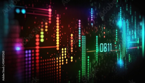 financial exchange background, digital futuristic style, flashing colorful lights, abstract graphs and numbers, ai generation