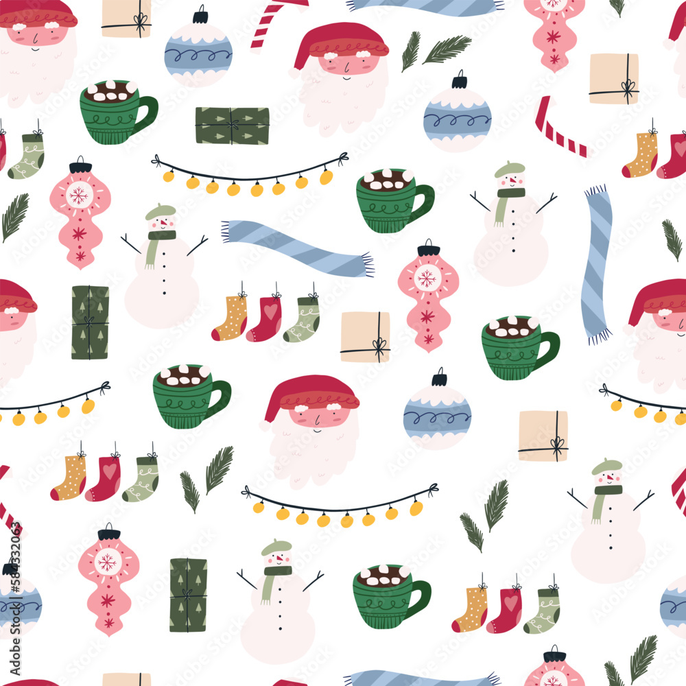 Winter holidays seamless pattern, flat vector illustration on white background. Cute hand drawn Christmas elements - snowman, Santa Claus, tree bauble, gift box, cocoa cup and scarf. Winter holidays seamless pattern, flat vector illustration on white background. Cute hand drawn Christmas elements - snowman, Santa Claus, tree bauble, gift box, cocoa cup and scarf.