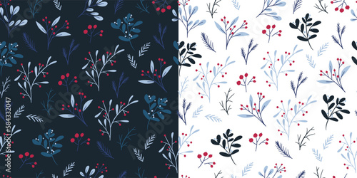 Winter botanical seamless patterns set, flat vector illustration. White and dark blue backgrounds. Christmas wrapping paper design. Elegant floral pattern.