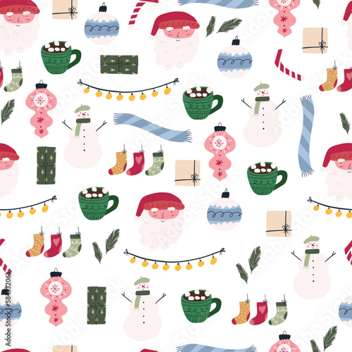 Winter holidays seamless pattern, flat vector illustration on white background. Cute hand drawn Christmas elements - snowman, Santa Claus, tree bauble, gift box, cocoa cup and scarf.