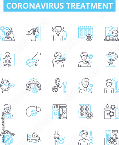 Coronavirus treatment vector line icons set. Vaccine, Medicine, Antivirals, Remdesivir, Hydroxychloroquine, Plasma, Corticosteroids illustration outline concept symbols and signs