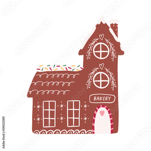 Cute gingerbread house with hand drawn decoration, cartoon flat vector illustration isolated on white background. Gingerbread bakery, Christmas decoration.