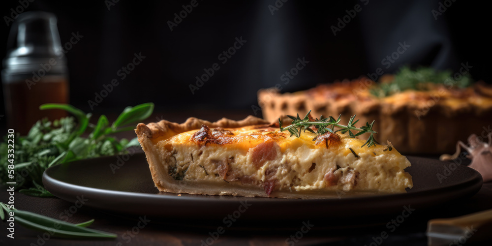 Gros plan d'une part de quiche lorraine dans un plat assiette Gros plan d'une part de quiche lorraine dans un plat assiette