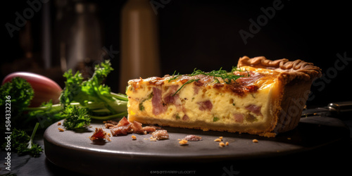 Gros plan d'une part de quiche lorraine dans un plat assiette photo