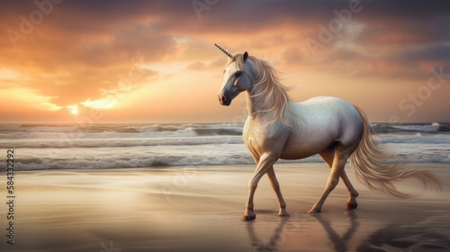 A majestic unicorn standing on a sandy beach. The unicorn has a pure white coat and a spiralled horn that glows with an ethereal light at sunset. Generative AI