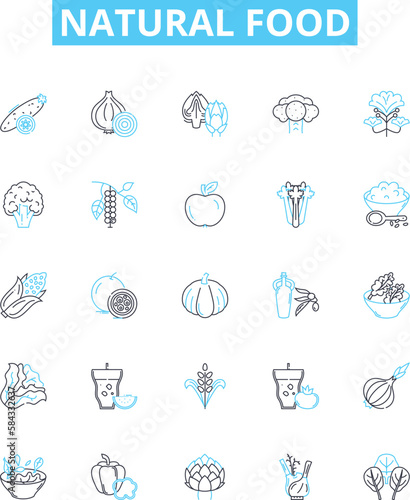 Natural food vector line icons set. Organic, Whole, Unprocessed, Fresh, Plant-based, Local, Vegan illustration outline concept symbols and signs