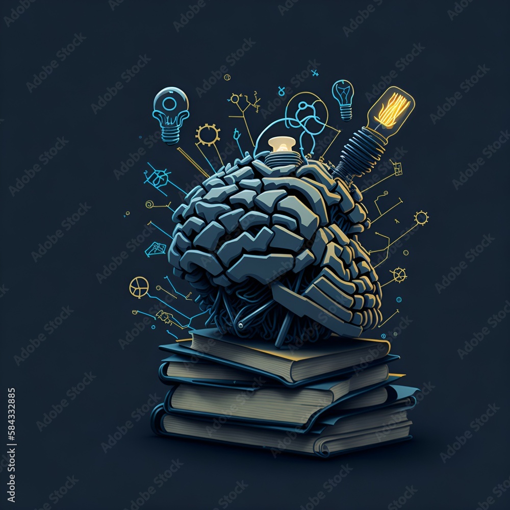 Smartphone, brain, stack of books, gears and light bulb. Imagine ...