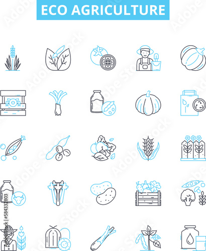 Eco agriculture vector line icons set. Organic, Sustainable, Renewable, Biodynamic, Landscaping, Regenerative, Conservation illustration outline concept symbols and signs