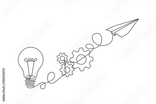 Paper plane flying up connected with light bulb and gears in one continuous line drawing. Airplane in outline style. Startup business idea concept. 