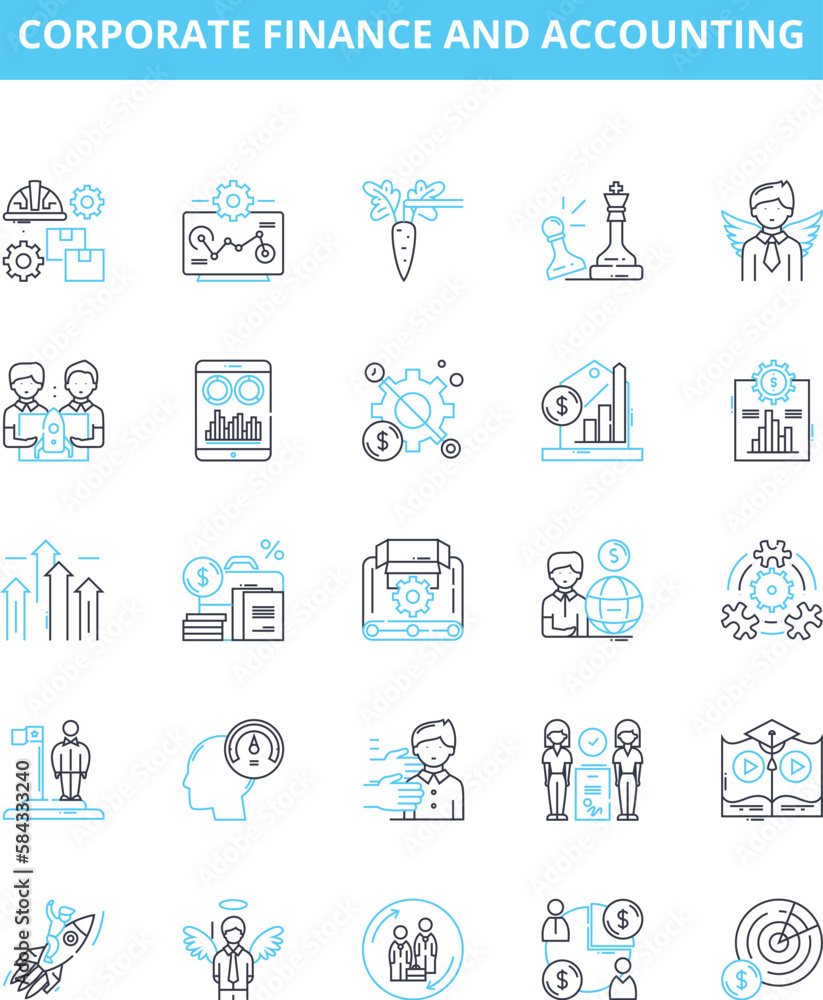 Corporate finance and accounting vector line icons set. Finance, Accounting, Corporate, Budgeting, Investment, Risk, Mergers illustration outline concept symbols and signs Corporate finance and accounting vector line icons set. Finance, Accounting, Corporate, Budgeting, Investment, Risk, Mergers illustration outline concept symbols and signs
