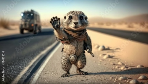 a cute little furry animal is standing on the road and hitchhiking