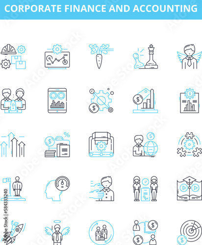Corporate finance and accounting vector line icons set. Finance, Accounting, Corporate, Budgeting, Investment, Risk, Mergers illustration outline concept symbols and signs
