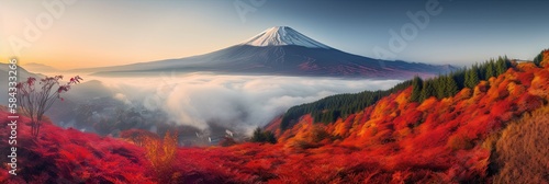 Colorful Autumn Season and Mountain Fuji with morning fog and red leaves, generative ai