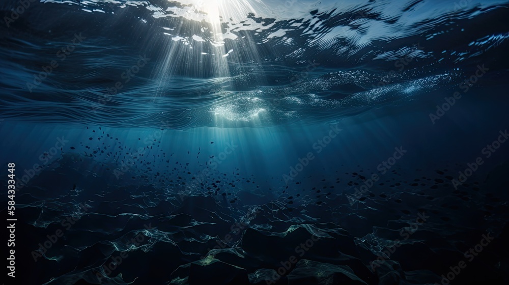 Dark blue ocean surface seen from underwater, generative ai Dark blue ocean surface seen from underwater, generative ai