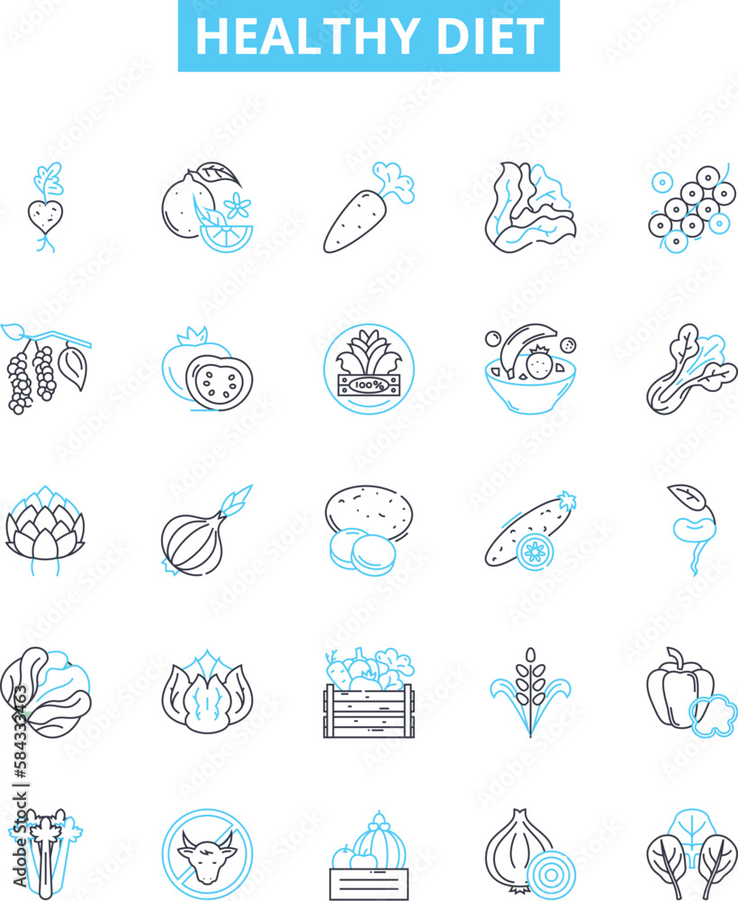 Healthy diet vector line icons set. Diet, Healthy, Nutrition, Fruits, Vegetables, Wholefoods, Lean illustration outline concept symbols and signs