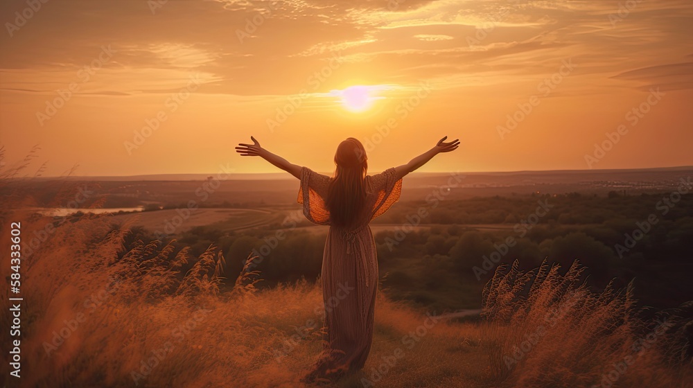 Happy woman standing with her back on sunset in nature with open hands. generative ai Happy woman standing with her back on sunset in nature with open hands. generative ai