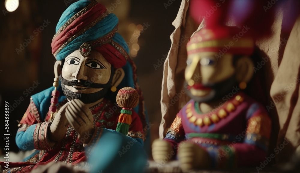 Colorful Wooden Puppets of Traditional Indian Puppet Theater