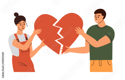 Red broken heart in hands man and woman. Reconciliation concept.