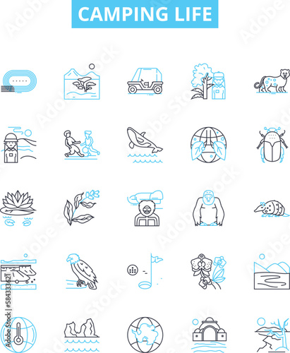 Camping life vector line icons set. Camping, Life, Outdoors, Tent, Sleeping, Bag, Hammock illustration outline concept symbols and signs