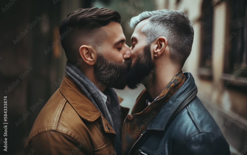 Two Gay men with hipster beard kissing in public. Sharing a moment of love. Concept of gay love and LGBT. Shallow field of view. Illustrative generative AI. Not real people. 