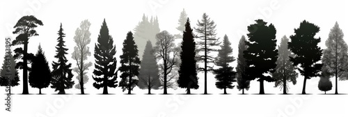 Pine tree silhouettes. Evergreen forest firs and spruces black shapes  wild nature trees templates. Vector illustration woodland trees set on white background  generative ai