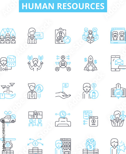 Human resources vector line icons set. Recruitment, Hiring, Job, Training, Benefits, Compensation, HR illustration outline concept symbols and signs