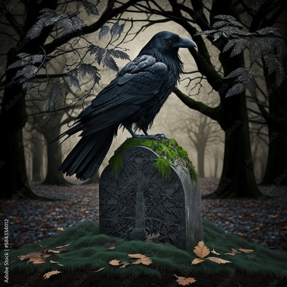 Ein Rabe auf einem Grabstein sitzend, im Wald, Illustration Stock ...