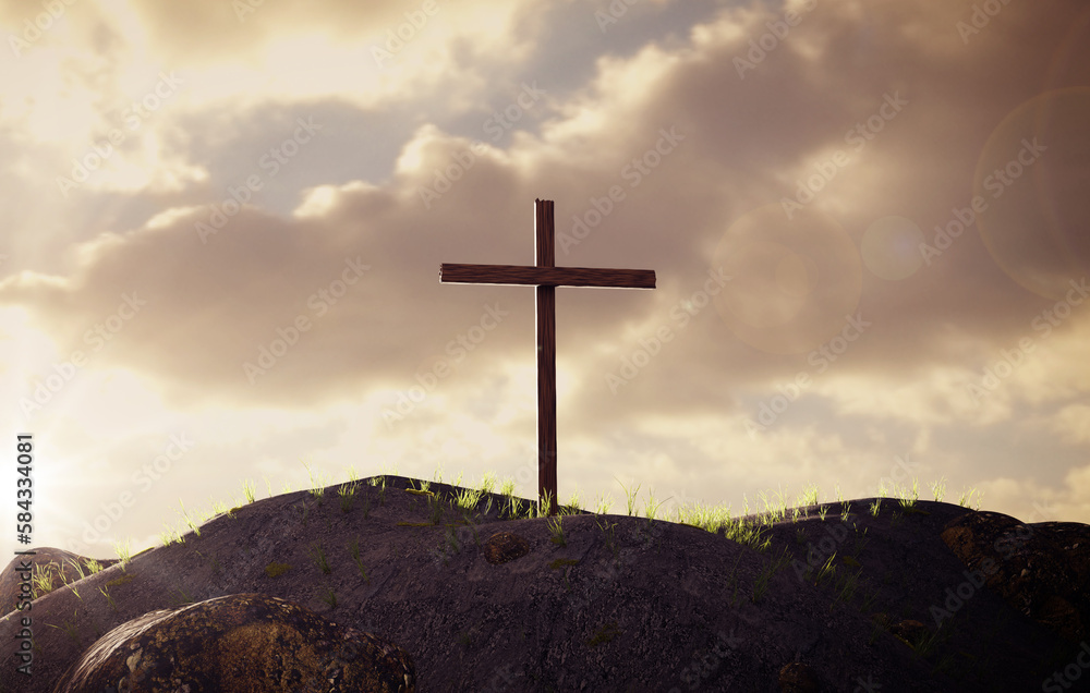 Silhouette of crucifix cross on a mountain at sunset sky background