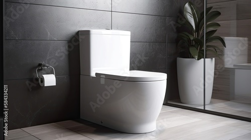 white flush toilet in modern bathroom interior  generative ai
