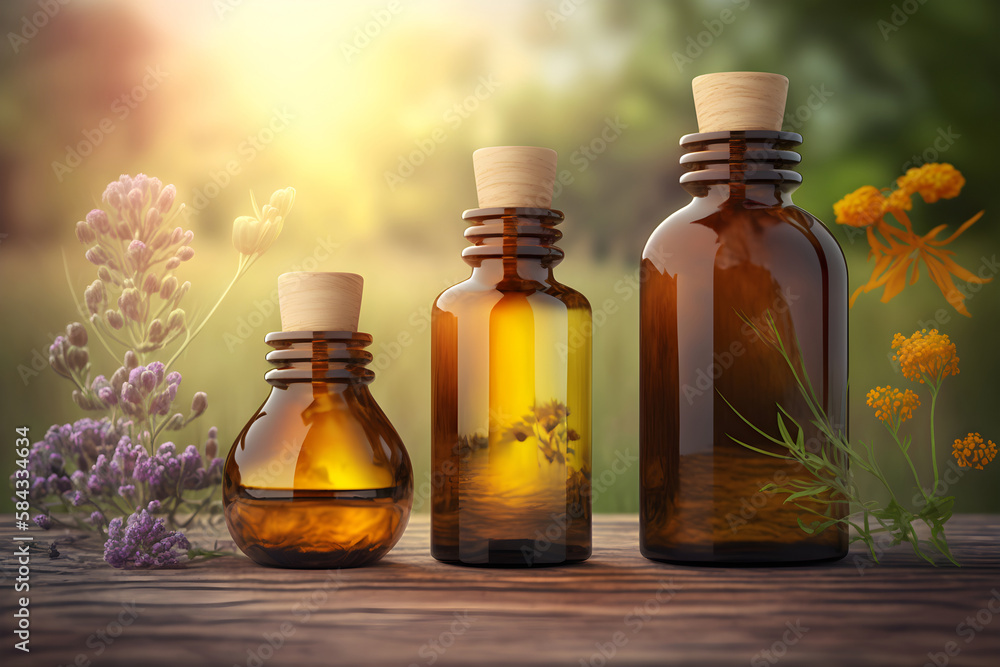 Essential oils with flowers on a natural green background, Generative AI 3 Essential oils with flowers on a natural green background, Generative AI 3