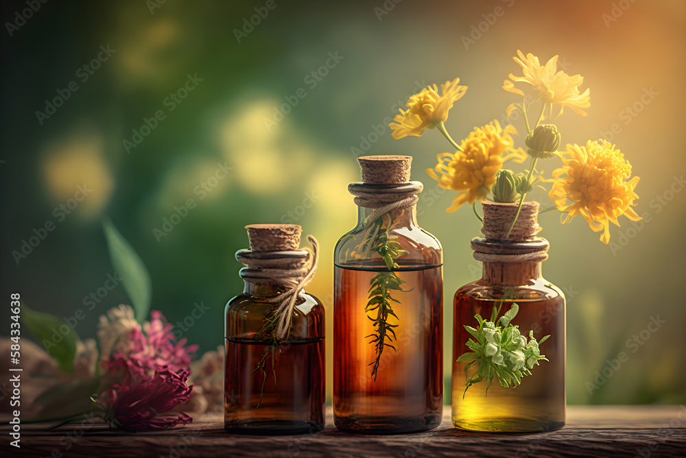 Essential oils with flowers on a natural green background, Generative AI 1 Essential oils with flowers on a natural green background, Generative AI 1