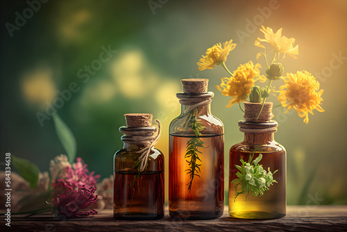 Essential oils with flowers on a natural green background, Generative AI 1 photo