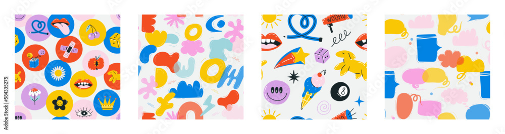 Fototapeta premium Various Patches, Pins, Stamps, Stickers. Funny cute comic Characters. Different Phrases and words. Hand drawn trendy Vector illustration. Cartoon style. Abstract square seamless Pattern, wallpaper