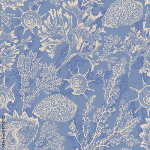 Different types of shells and corals. Seamless pattern. Sea style. Underwater life. Luxurious drawing.
