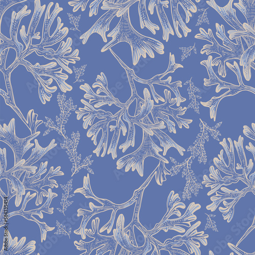 Sea corals on a blue background. Seamless pattern. Print for any surface. Linear drawing.