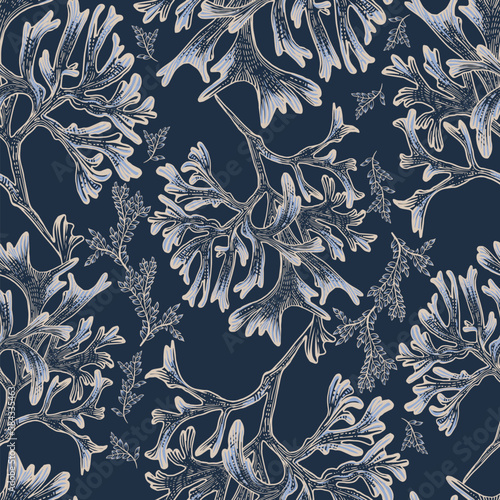 Sea corals on a dark blue background. Sealess pattern. 