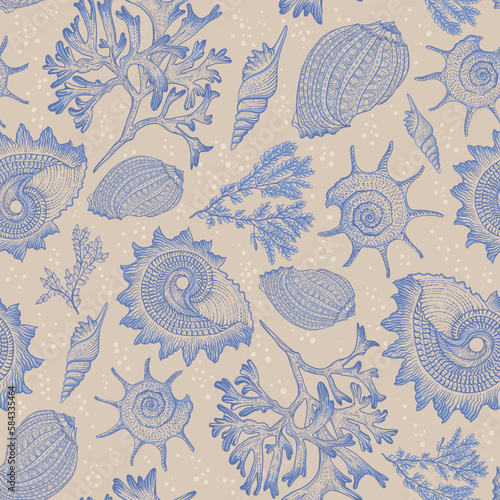 Different types of shells and corals. Seamless pattern. Sea style. Underwater life. Luxurious drawing.