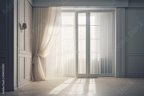 Empty luxury white wainscot wall room, folding glass panel door to backyard,shadow for interior decoration Generative AI