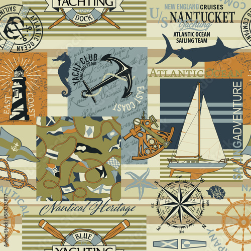 Vintage nautical style marine sailing elements patchwork abstract vector seamless pattern 