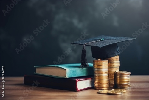 graduate cap near stack of coins. Savings for education. Higher education prices Generative AI