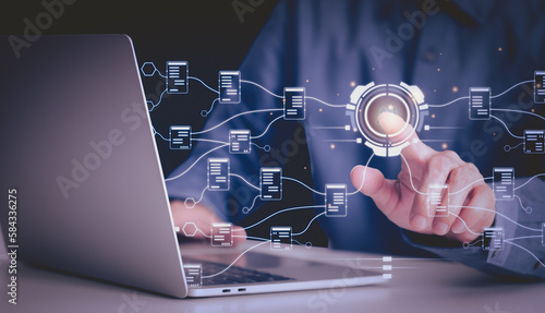 Businessman using  laptop computer for Technology AI and big data network conncetion, data science and digital marketing concept