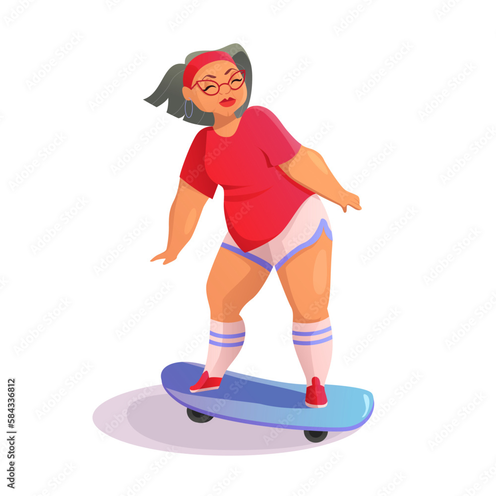 Senior Woman Skater. Stylish Old Lady. Strong and Independent. Grandma Rides a Skateboard. Vector Illustration in Cartoon Style.