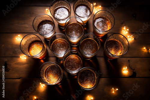 Top view of several glasses of beer standing on a wooden table, generated ai